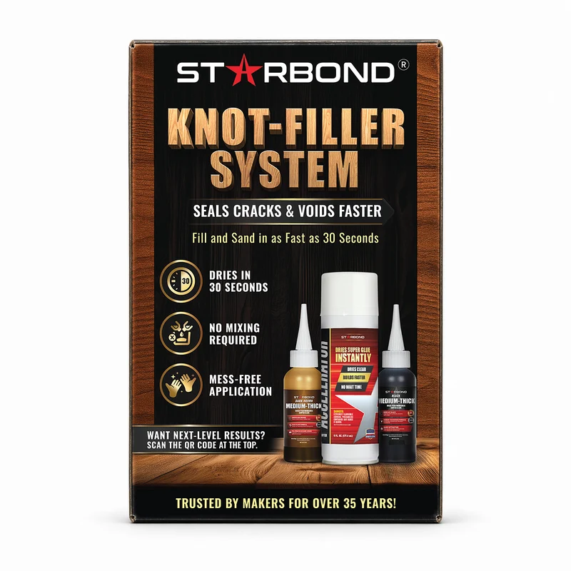 Wood Knot Filler Kit — Black & Brown Super Glue (2 oz Each) + 6 oz Accelerator